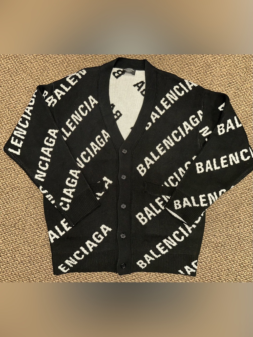 Balenciaga V-Neck Cardigan Sweater Black/White Allover Logo Knit Pockets S NWOT
